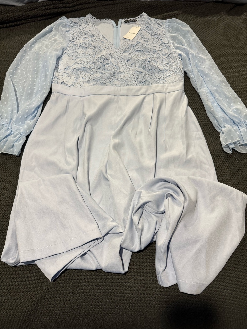 Simple Pale Blue Lace & Dotted-Sleeve Jumpsuit